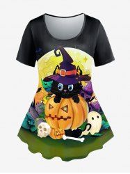 T-shirt à Imprimé Citrouille Chat Halloween Grande Taille - Noir 5x | US 30-32