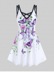 Plus Size Butterfly Flower Printed Crisscross A Line Sleeveless Dress -  