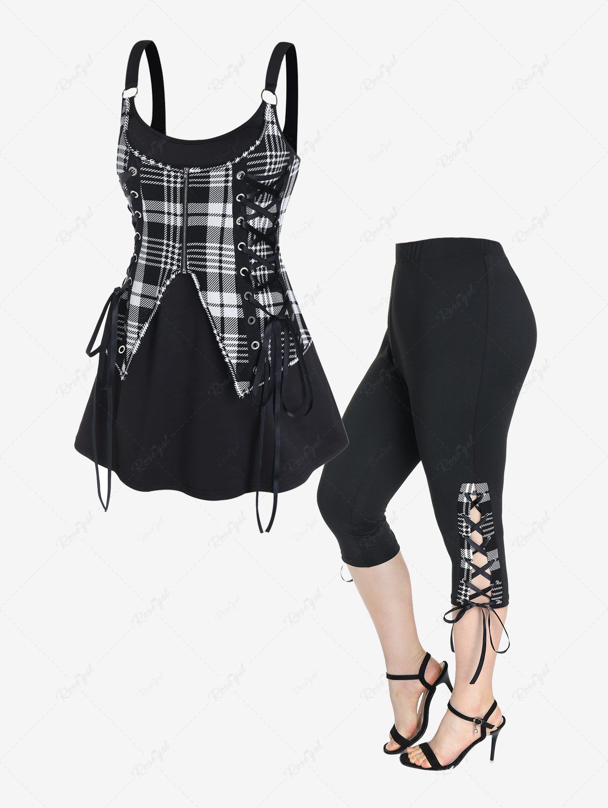 Sale Plaid Lace Up 2 in 1 Tank Top and High Waist Plaid Lace Up Leggings Gothic Outfit  