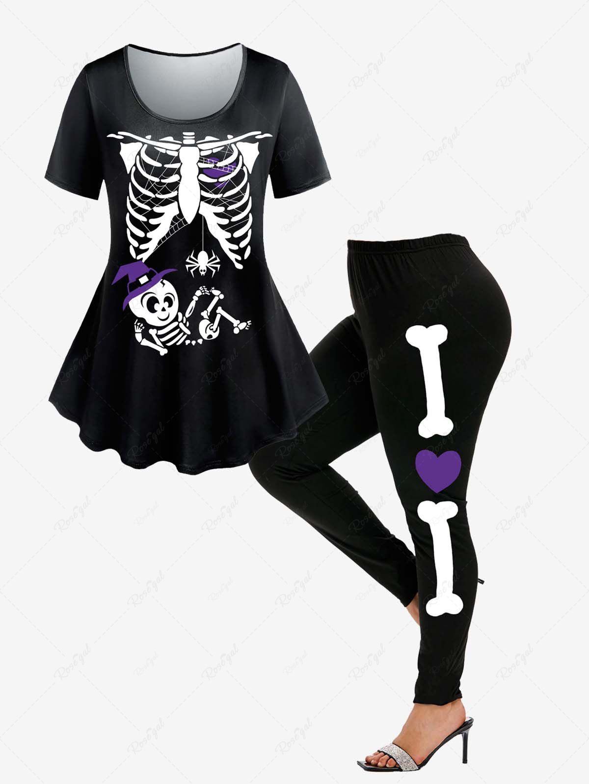 Ensemble T-shirt à Imprimé Squelette et Cœur Halloween et Legging Noir 