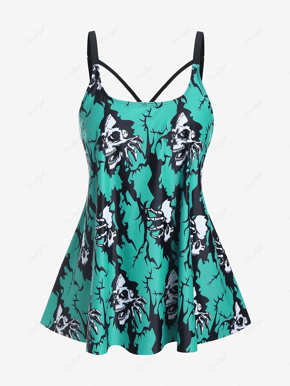 Chic Plus Size Gothic Skulls Printed Padded Backless Tankini Top Swimsuit  