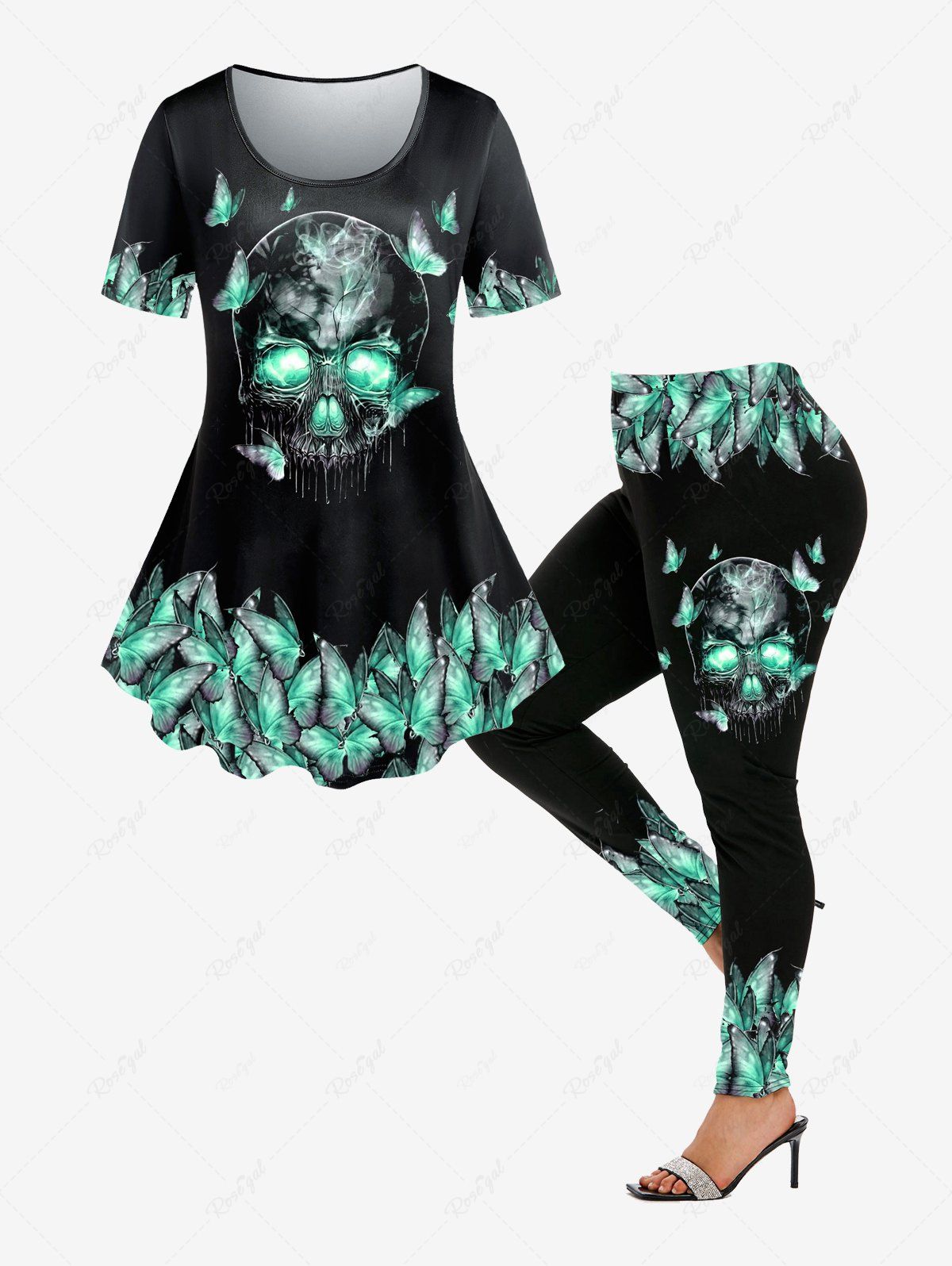 Best Skull Butterfly Print T-shirt and High Waist Butterfly Skull Gothic Leggings Gothic Outfit  