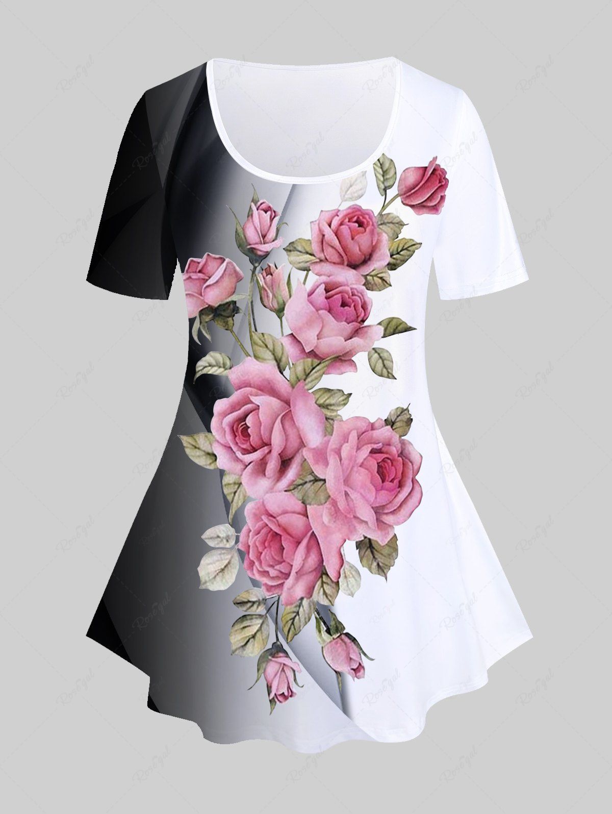 Store Plus Size Colorblock Rose Print T-shirt  
