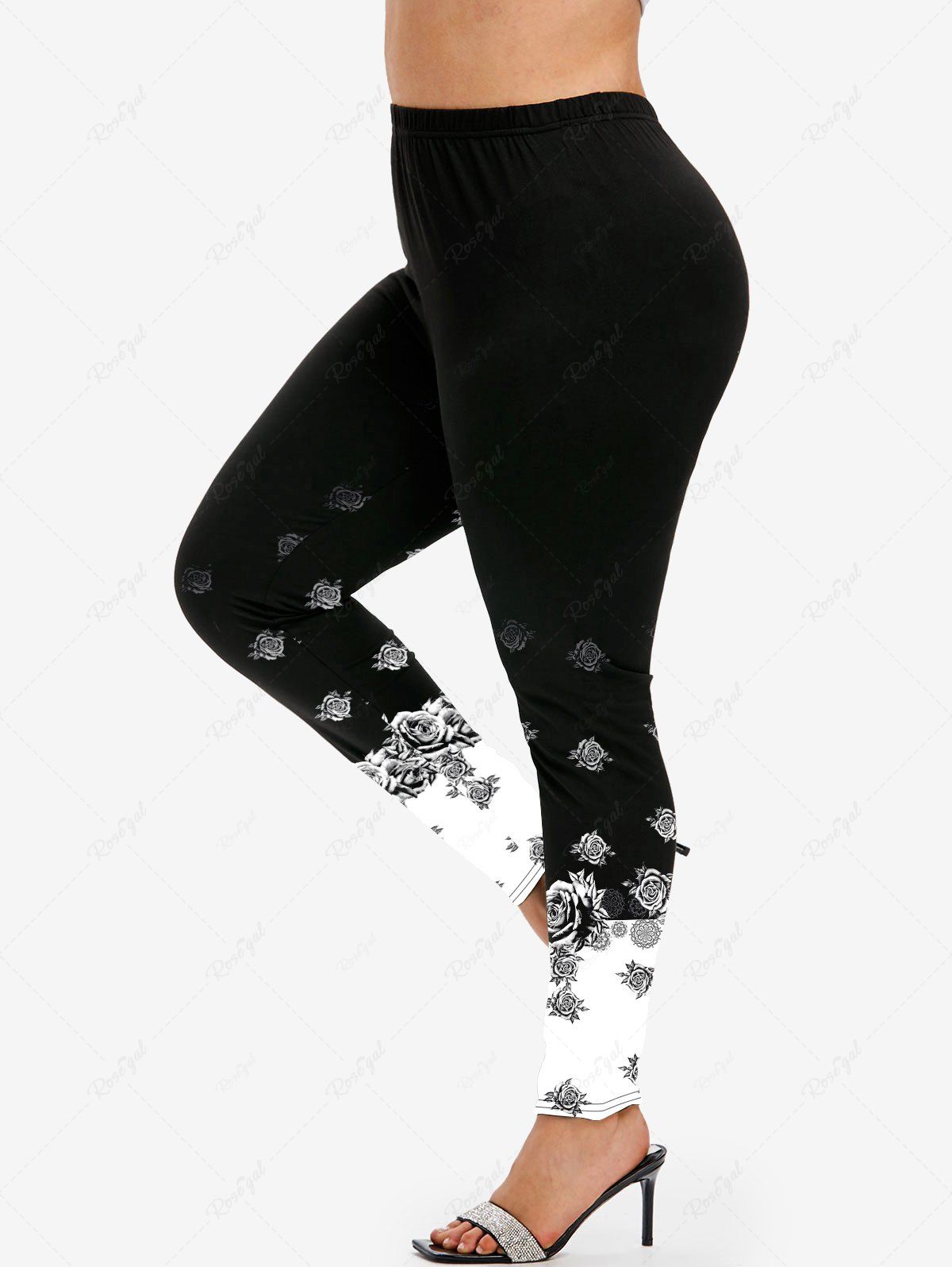 Outfit Plus Size Colorblock Rose Print Leggings  