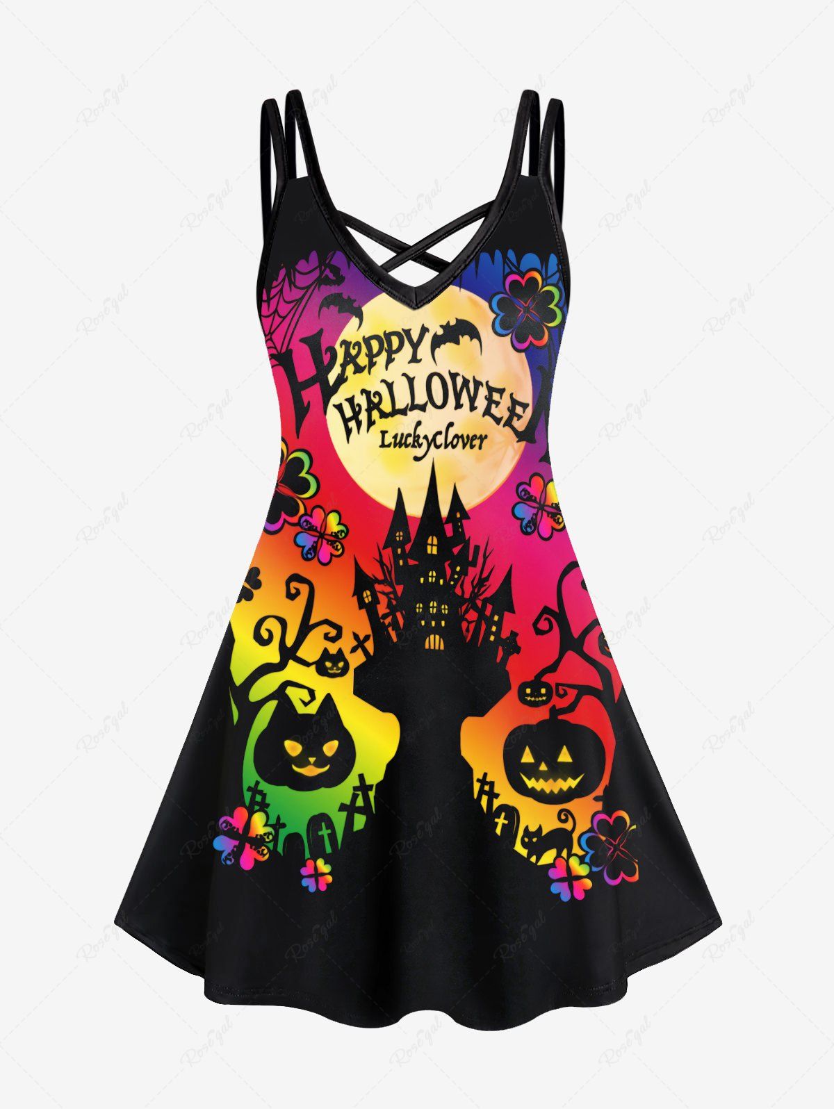 Hot Plus Size Halloween Pumpkins Bats Printed Crisscross A Line Dress  