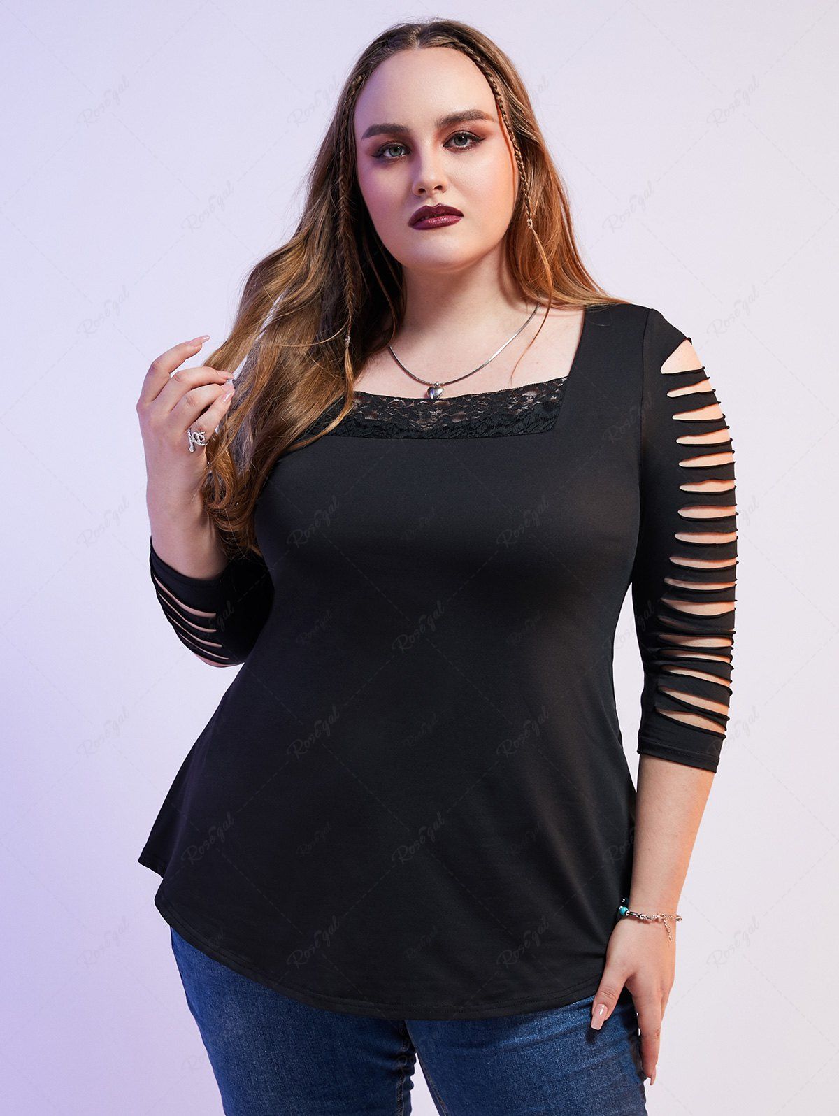 Outfit Plus Size Ripped Sleeve Lace Panel Tee  