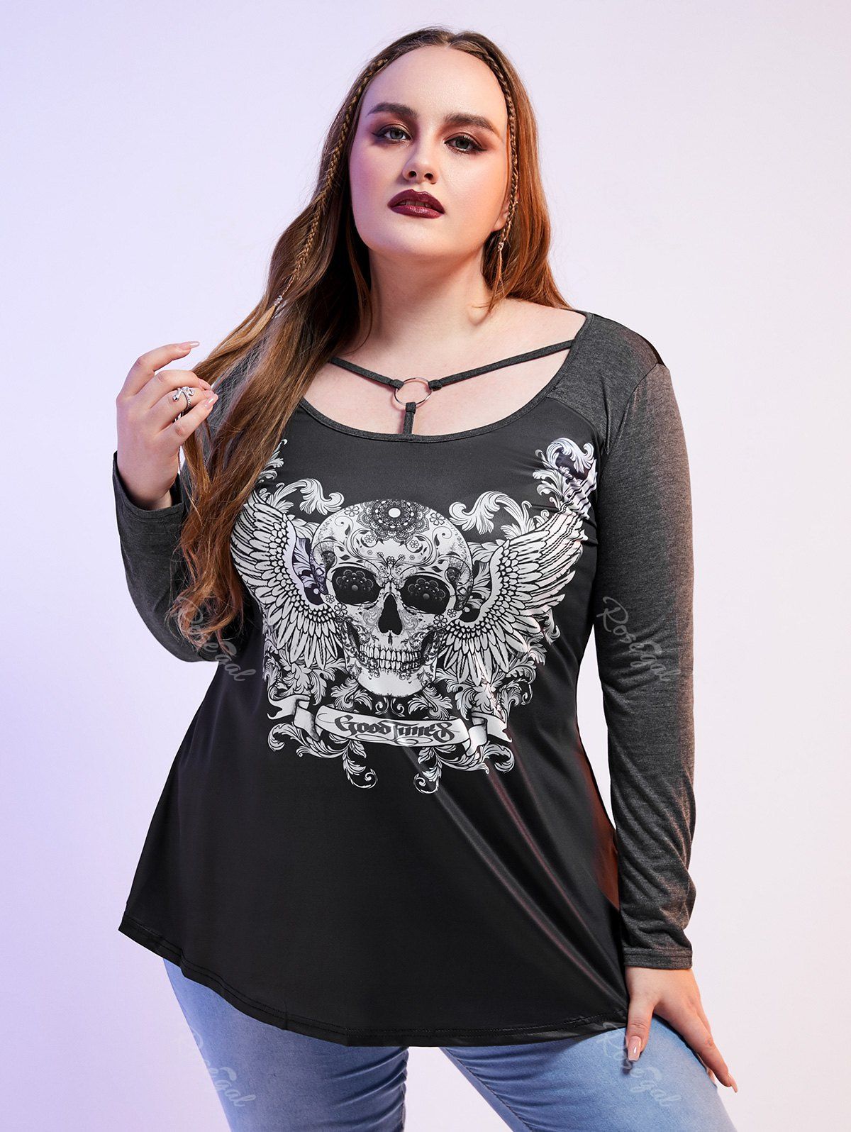 Outfit Plus Size Gothic Skull Wing Print O Ring T-shirt  