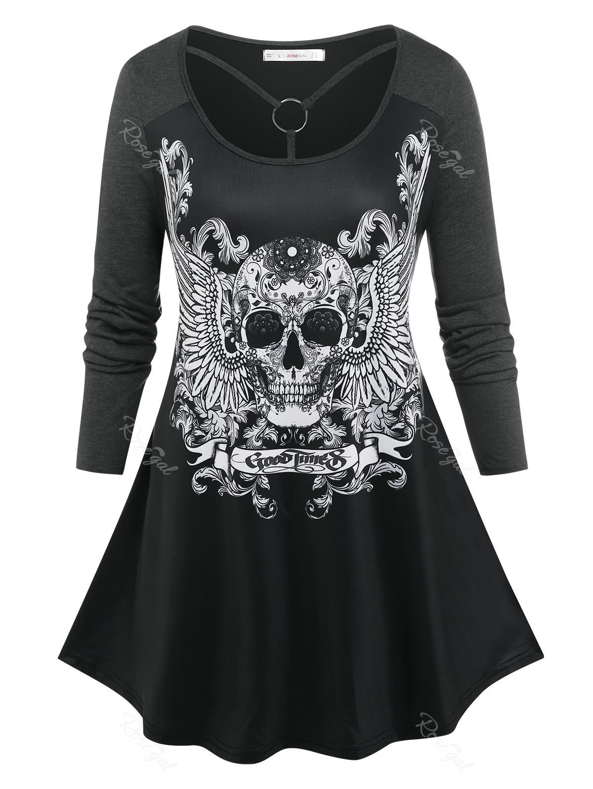 Affordable Plus Size Gothic Skull Wing Print O Ring T-shirt  