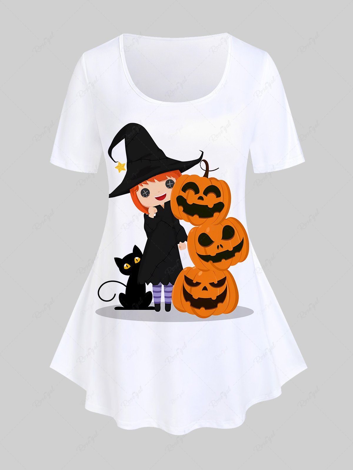 Chic Plus Size Pumpkins Cat Witches Printed Halloween Tee  