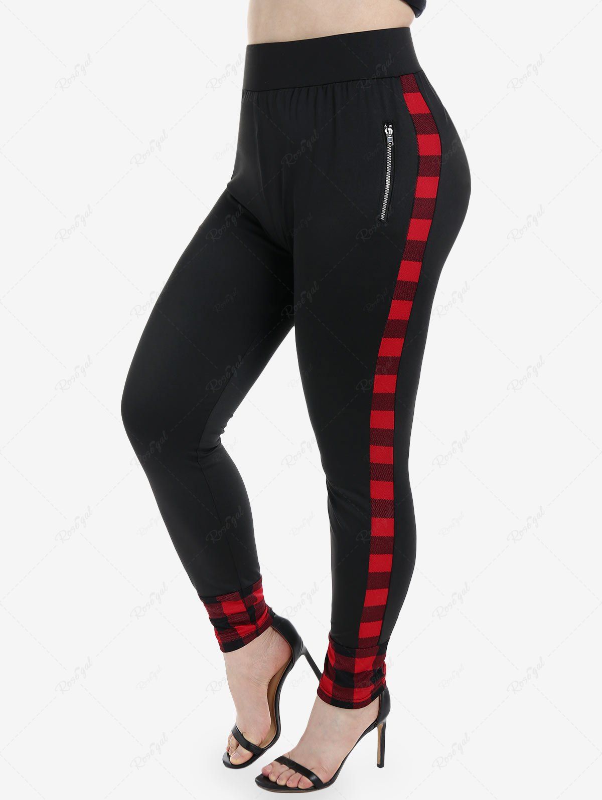 Outfit Plus Size Wide Waistband Plaid Zipper Pull On Pants  