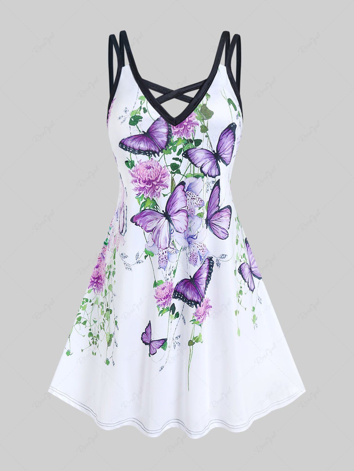 Outfit Plus Size Butterfly Flower Printed Crisscross A Line Sleeveless Dress  