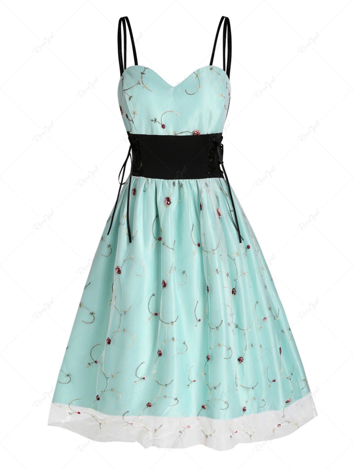Mini Robe de Soirée Fleurie à Bretelle Fine à Lacets Vert clair XL