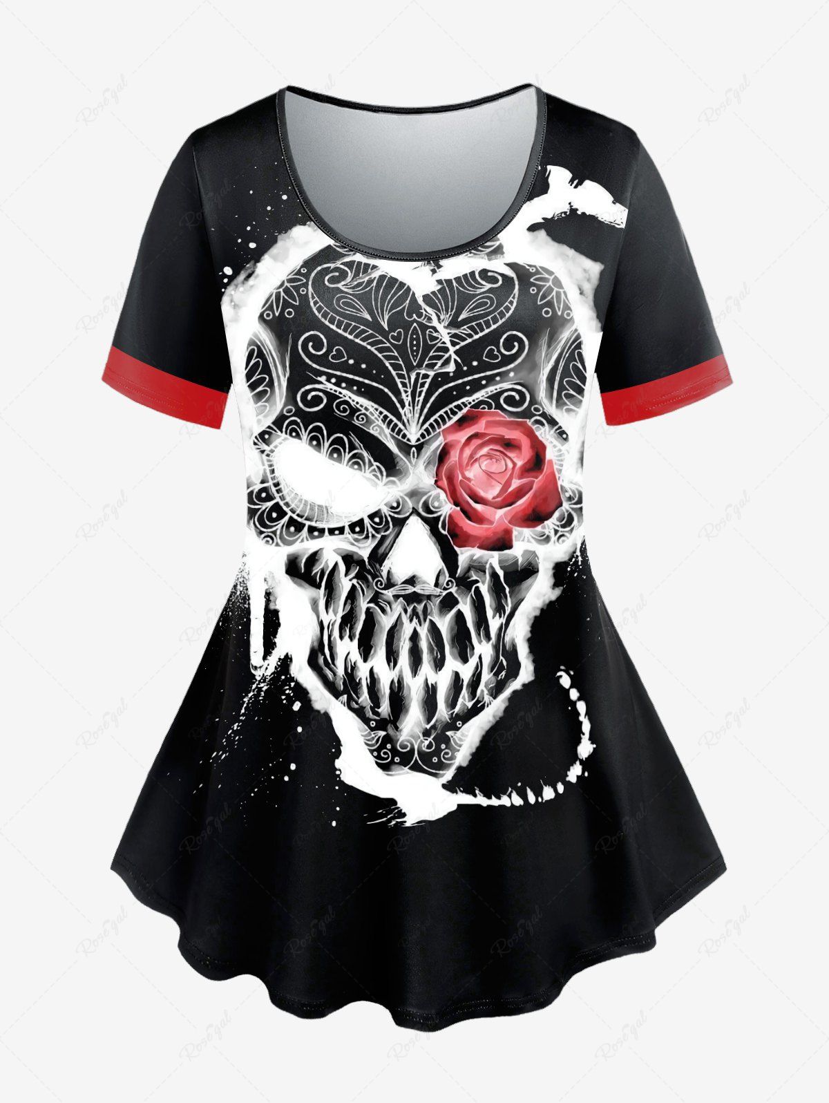 T-shirt Gothique à Imprimé Rose Crâne à Manches Courtes Rouge 5x | US 30-32