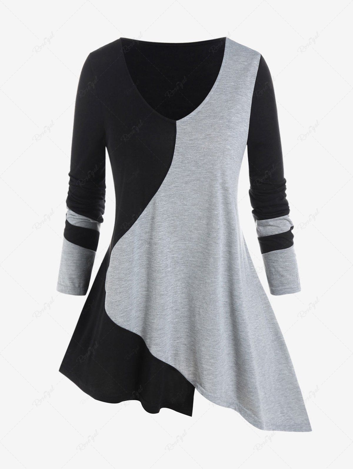 T-shirt Asymétrique Bicolore de Grande Taille à Manches Longues Noir 2x | US 18-20