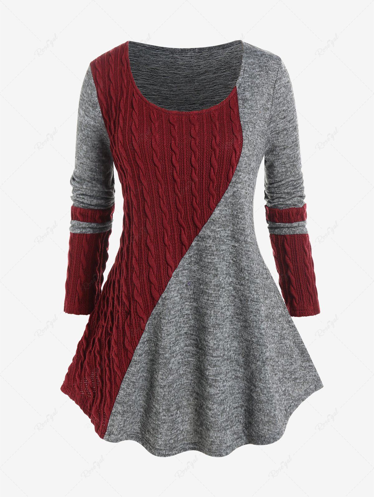 Discount Plus Size Colorblock Cable Knit Tee  