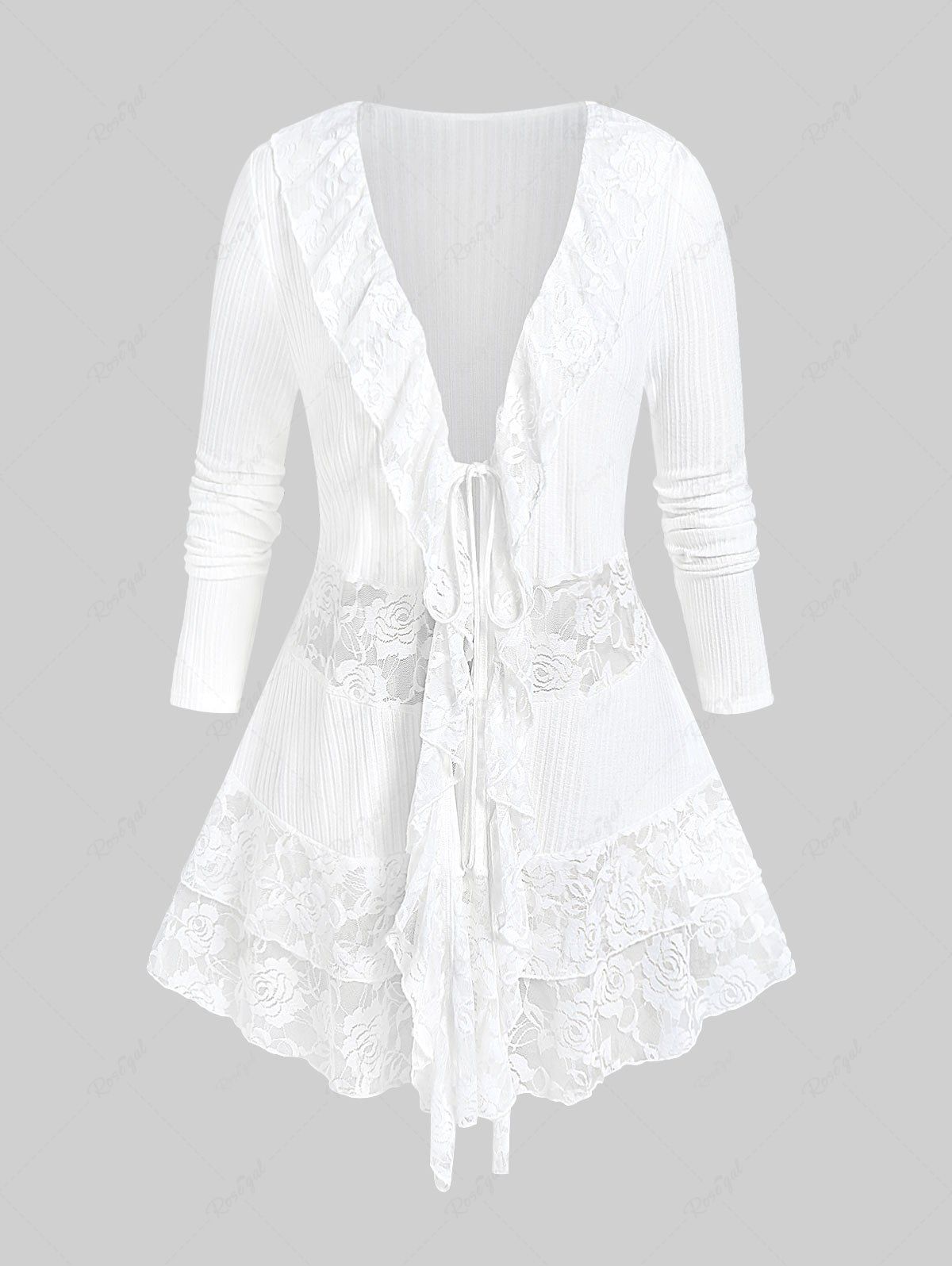 Store Plus Size Ruffle Lace Panel Open Front Cardigan  