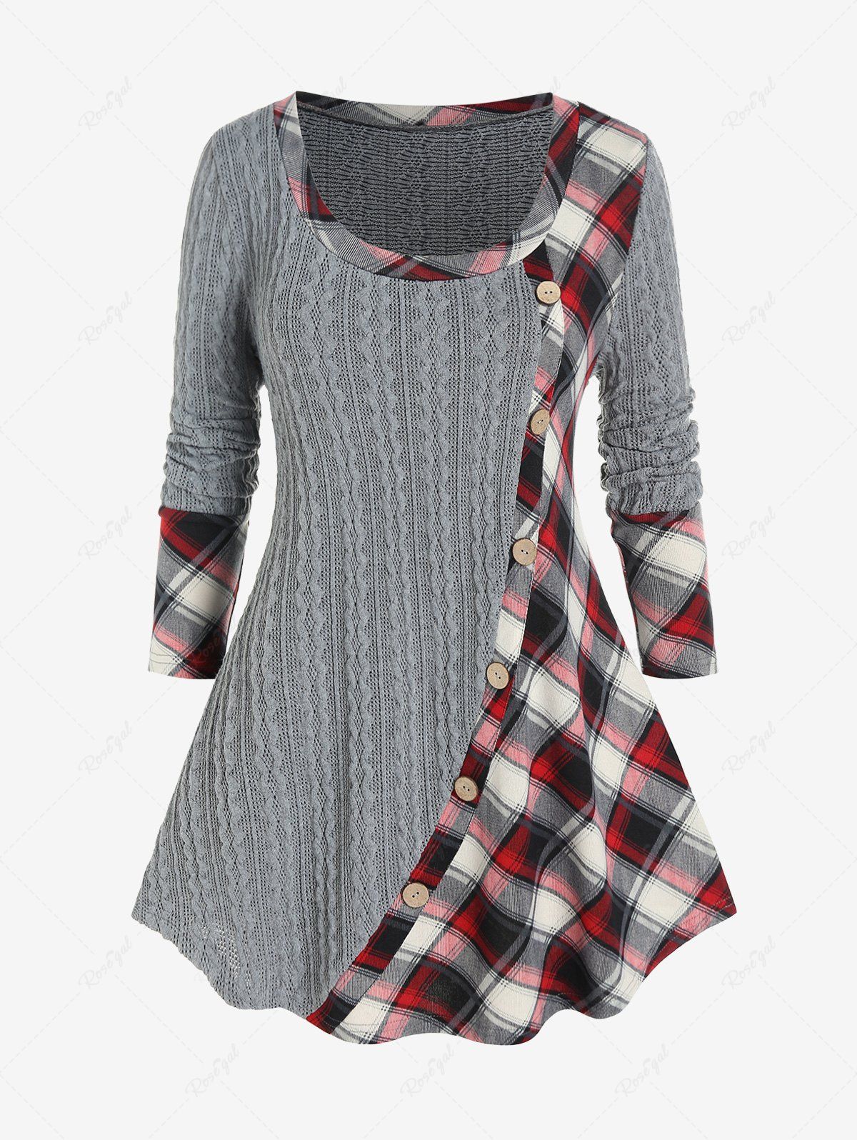 New Plus Size Mixed Media Plaid Cable Knit Tee  