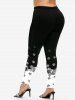 Plus Size Colorblock Rose Print Leggings -  