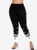 Plus Size Colorblock Rose Print Leggings -  