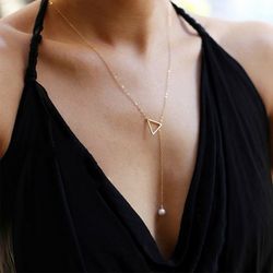 Adjustable Triangle Faux Pearl Pulling Pendant Necklace - GOLDEN