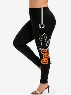Plus Size Pumpkin Cat Spider Print Halloween Leggings - BLACK - L | US 12
