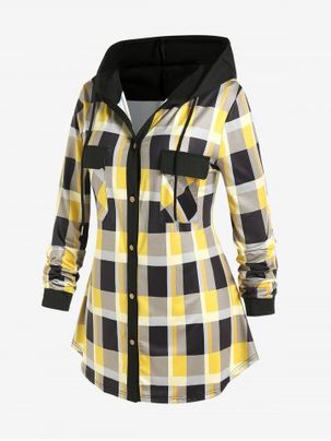 Plus Size Double Pockets Plaid Hooded Shirt
