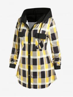 Plus Size Double Pockets Plaid Hooded Shirt - YELLOW - 3X | US 22-24
