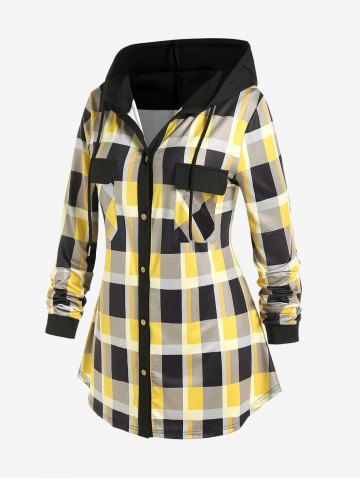 Plus Size Double Pockets Plaid Hooded Shirt - YELLOW - 4X | US 26-28