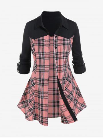 Plus Size Colorblock Plaid Roll Up Sleeves Shirt - LIGHT PINK - L | US 12