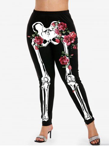 Halloween Costume Rose Skeleton Print Skinny Leggings - BLACK - 4X | US 26-28