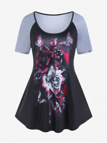 T-shirt Gothique à Imprimé Rose Papillon à Manches Raglan - BLACK - 4X | US 26-28