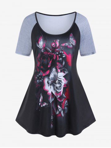 Gothic Rose Butterfly Printed Raglan Sleeves Tee