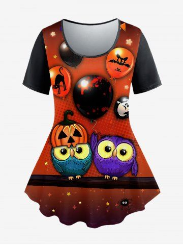 T-shirt D'Halloween à Imprimé Chat Citrouille et Chauve-souris Grande Taille - ORANGE - 3X | US 22-24