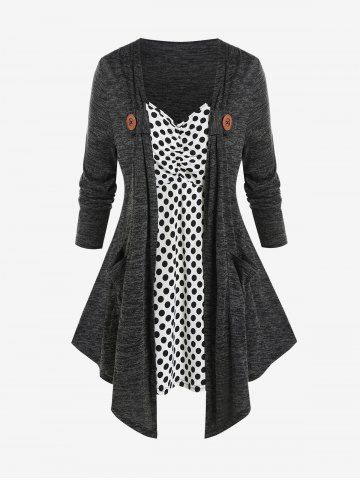 Plus Size Polka Dot Ruched Long Sleeves 2 in 1 T Shirt