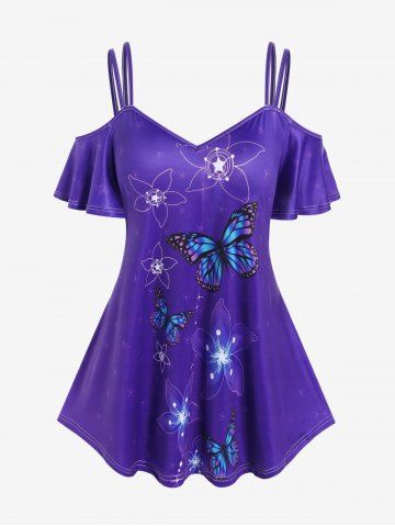 Plus Size Butterfly Flower Printed Cold Shoulder Tee