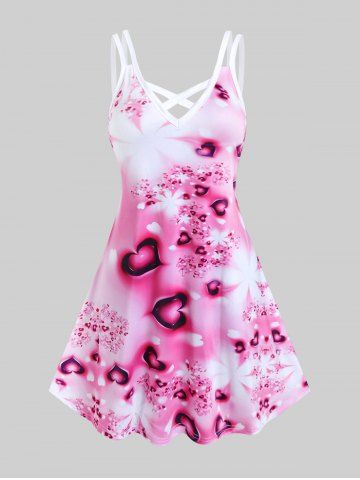 Plus Size Hearts Flower Printed Crisscross A Line Sleeveless Dress