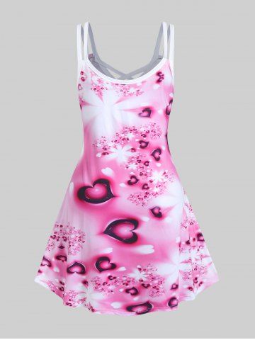 Plus Size Hearts Flower Printed Crisscross A Line Sleeveless Dress