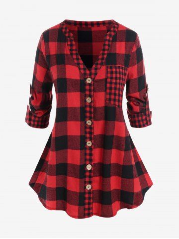 Plus Size Plaid Roll Up Sleeves Shirt with One Pocket