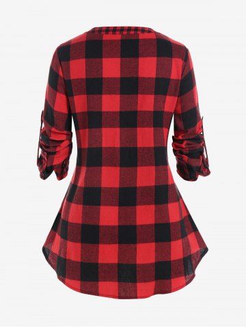 Plus Size Plaid Roll Up Sleeves Shirt with One Pocket