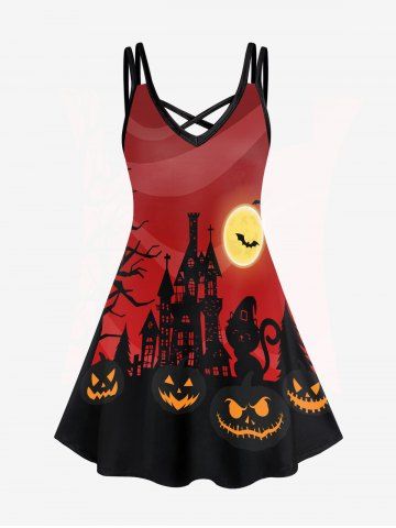 Plus Size Halloween Pumpkin Cat Bat Printed Crisscross A Line Sleeveless Dress - DEEP RED - L | US 12
