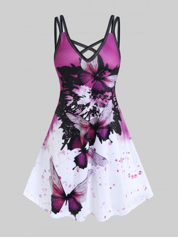 Plus Size Butterfly Colorblock Crisscross Sleeveless A Line Dress - BLACK - M | US 10