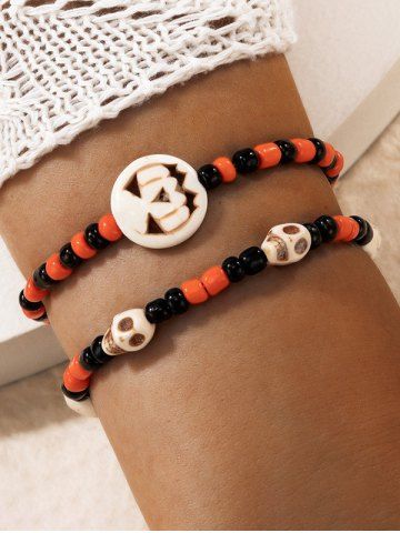 2Pcs Skulls Beaded Halloween Bracelet Set - ORANGE