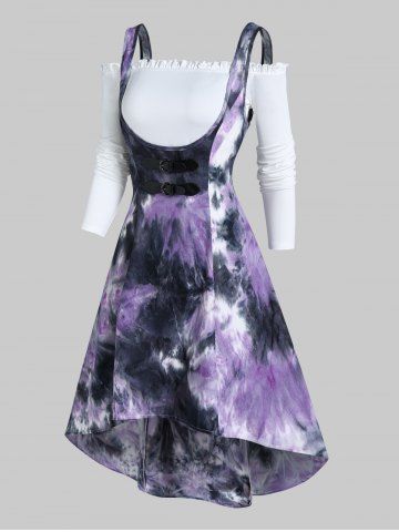 Off the Shoulder Ruffle Top and Tie Dye High Low Midi Dress Two Piece Set - PURPLE - M