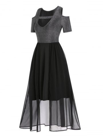 Cut Out Metallic Cold Shoulder High Waisted Chiffon Overlay A Line Midi Dress - BLACK - XXXL