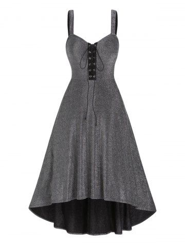 Metallic Casual Lace Up Grommet High Waist Sleeveless High Low Midi Dress - BLACK - M