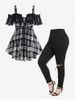 Lace Up Cold Shoulder Plaid Tee and Skinny Cutout Pants Gothic Outfit -  