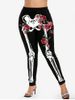 Legging D'Halloween à Imprimé Squelette et Rose de Grande Taille - Noir 
