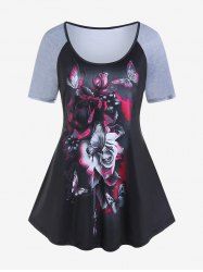 T-shirt Gothique à Imprimé Rose Papillon à Manches Raglan - Noir M | US 10