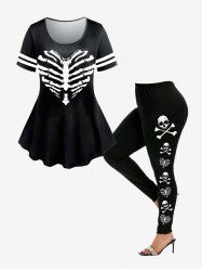 T-shirt Moulant à Imprimé Crâne et Legging Gothique Halloween - Noir 