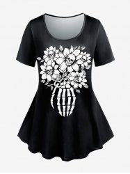 Gothic Sunflower Skulls Skeleton Printed Short Sleeves Tee -  